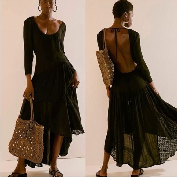 Free People Dresses & Skirts - NWT Free People Sea Me Black Maxi Dress Scoop Neck Open Back Lace Long Sleeve